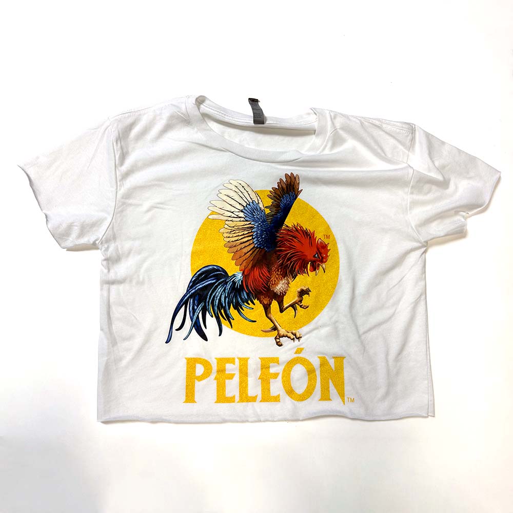 White cropped t-shirt with yellow PELEON logo and Animated Fighting Rooster.