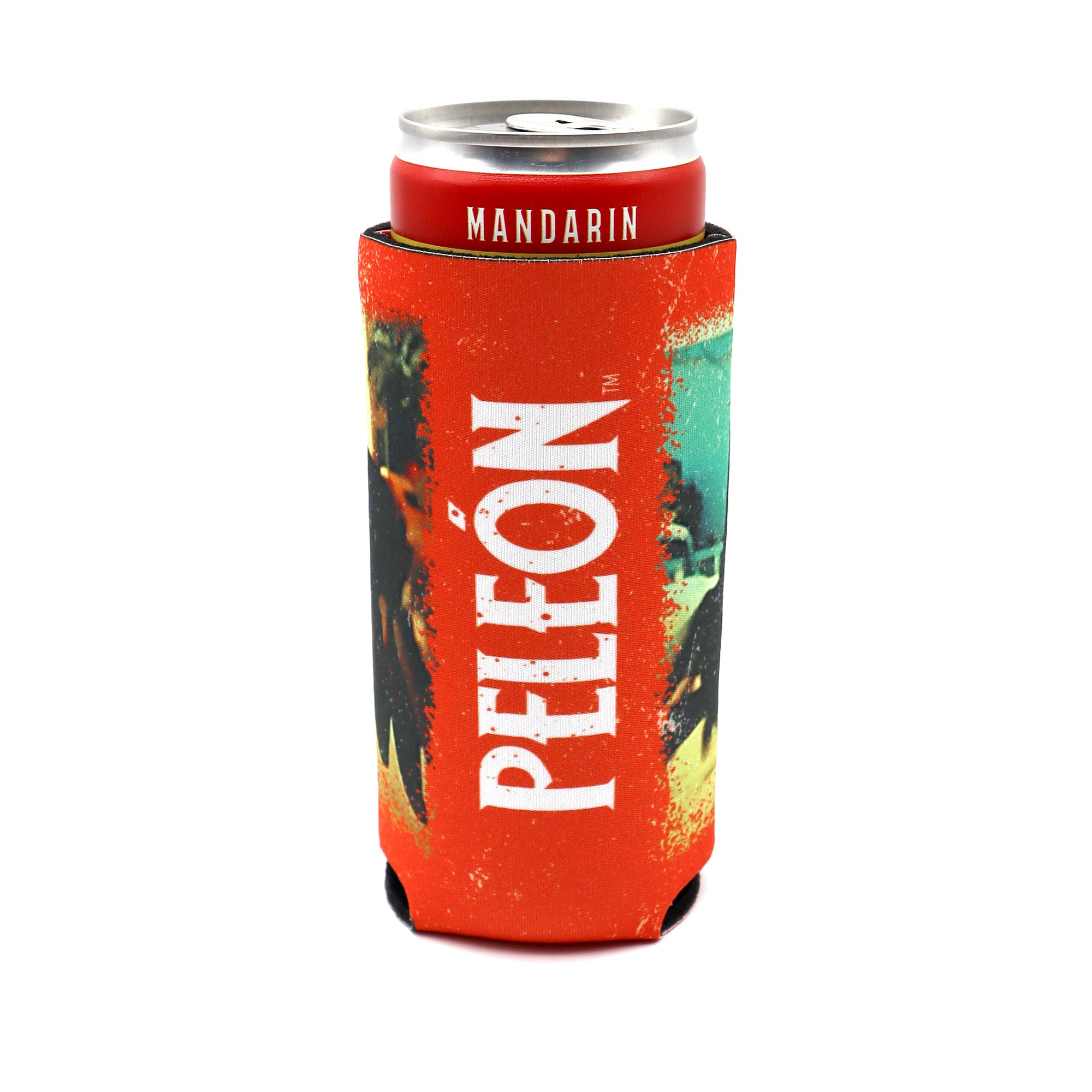 Orange Koozie slim can holder with a white Peleon logo. 
