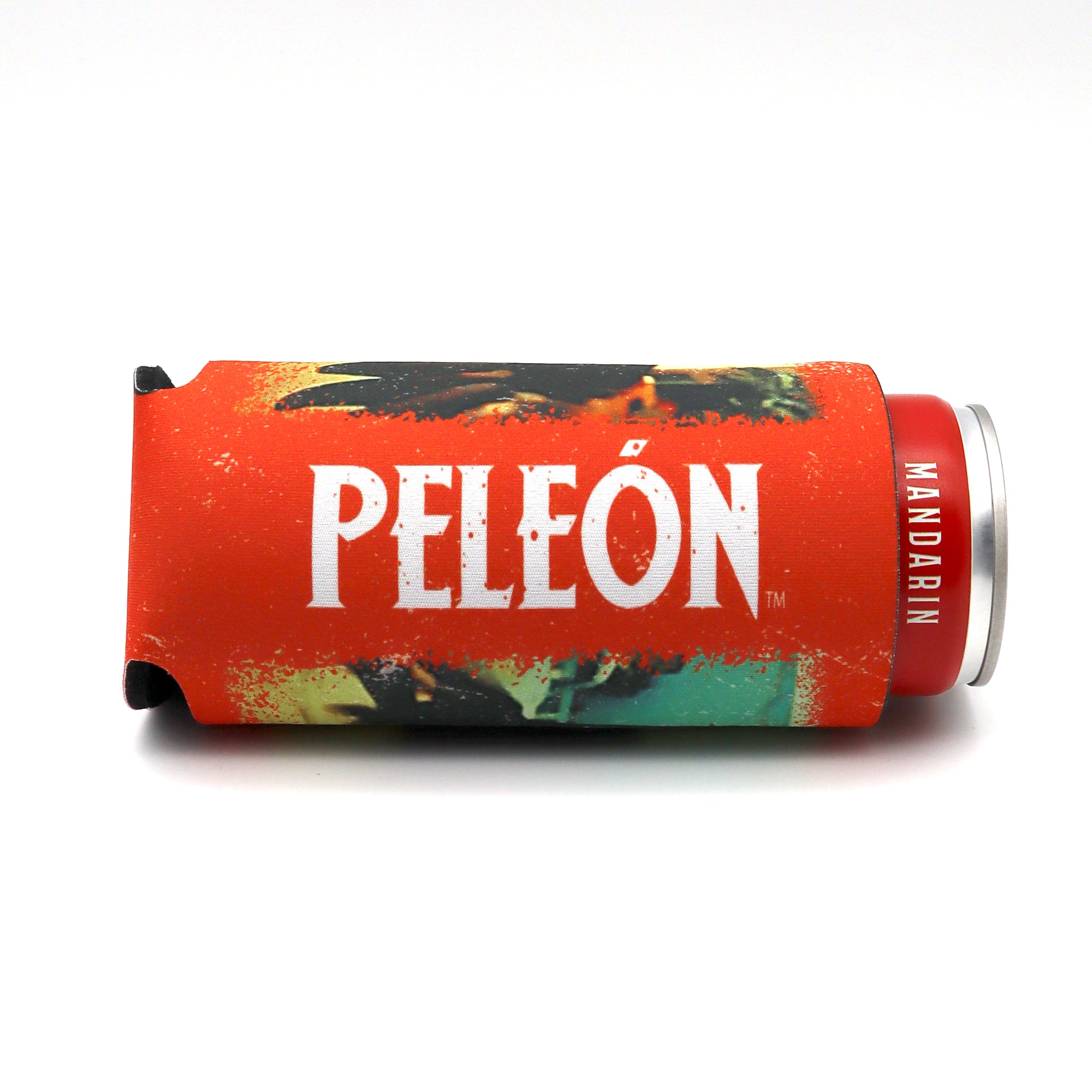Orange Koozie slim can holder with a white Peleon logo. 