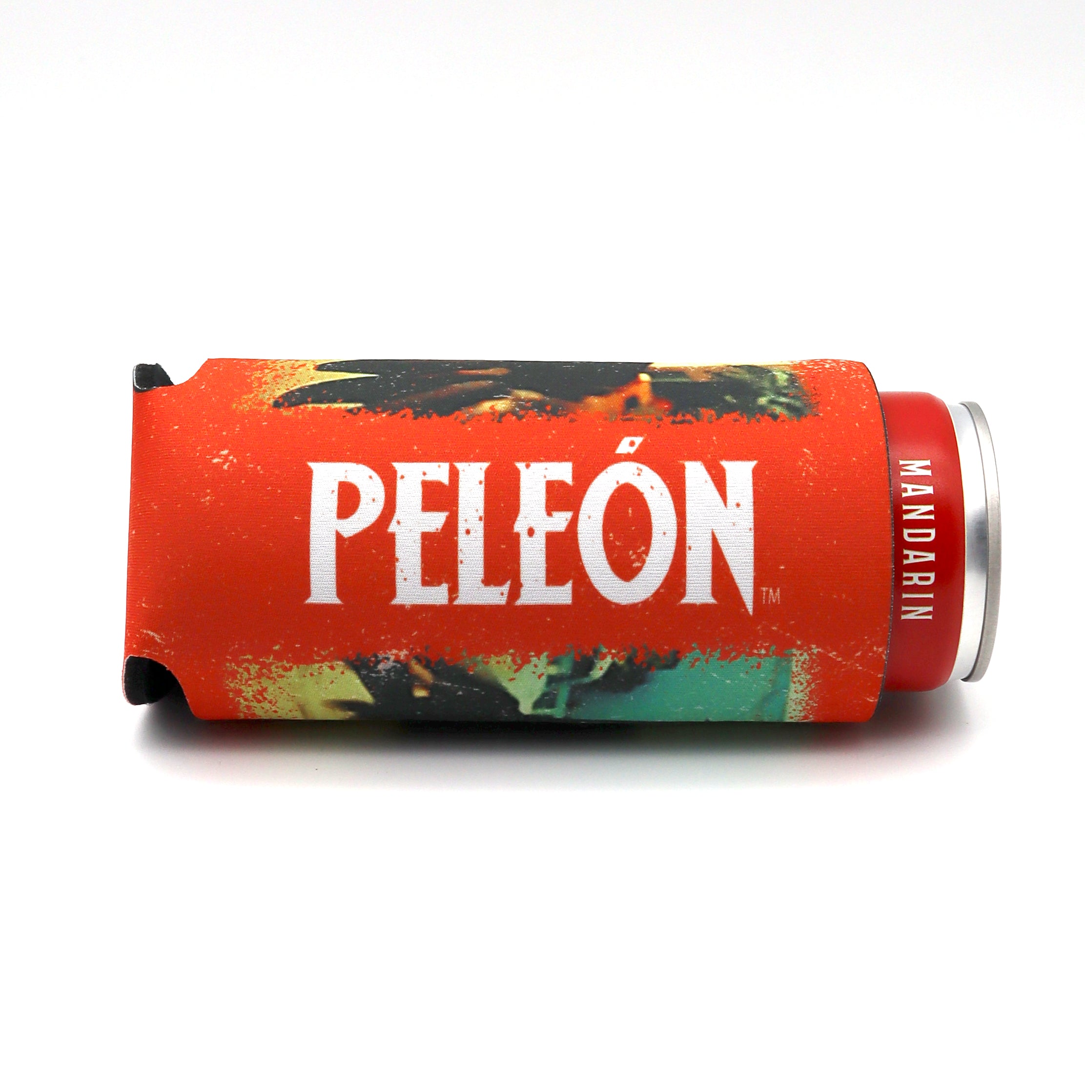 Orange Koozie slim can holder with a white Peleon logo. 